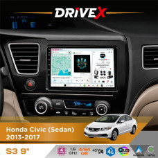 Штатна магнітола для Honda Civic (Sedan) 2013-2017 DriveX S3 QLED 9" Android 8-ядерний 1.6ГГц 4x64Гб SIM-картка 3G/4G 7388 4x45W ASP TM2313 бездротовий CarPlay та AndroidAuto