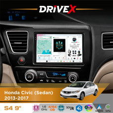 Штатна магнітола для Honda Civic (Sedan) 2013-2017 DriveX S4 QLED 9" Android 8-ядерний 1.6ГГц 4x64Гб SIM-картка 3G/4G TDA7851 4x50W DSP AK7604 бездротовий CarPlay та AndroidAuto