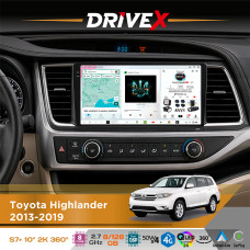 Штатна магнітола для Toyota Highlander 2013-2019 DriveX S7+ 2K QLED 10" Android 8-ядерний 2.7ГГц 8x128Гб SIM-картка 3G/4G AK7808 AB 4x50W 360° DSP AK7739 VELVET бездротовий CarPlay та AndroidAuto