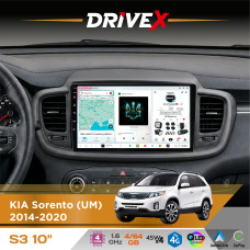 Штатна магнітола для KIA Sorento (UM) 2014-2020 DriveX S3 QLED 10" Android 8-ядерний 1.6ГГц 4x64Гб SIM-картка 3G/4G 7388 4x45W ASP TM2313 бездротовий CarPlay та AndroidAuto