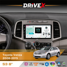 Штатна магнітола для Toyota Venza 2008-2015 DriveX S3 QLED 8" з фізичними кнопками Android 8-ядерний 1.6ГГц 4x64Гб SIM-картка 3G/4G 7388 45W ASP TM2313 бездротовий CarPlay та AndroidAuto