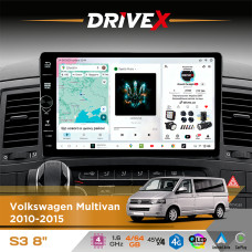 Штатна магнітола для Volkswagen Multivan 2010-2015 DriveX S3 QLED 8" з фізичними кнопками Android 8-ядерний 1.6ГГц 4x64Гб SIM-картка 3G/4G 7388 45W ASP TM2313 бездротовий CarPlay та AndroidAuto