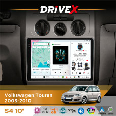 Штатна магнітола для Volkswagen Touran 2003-2010 DriveX S4 QLED 10" Android 8-ядерний 1.6ГГц 4x64Гб SIM-картка 3G/4G TDA7851 4x50W DSP AK7604 бездротовий CarPlay та AndroidAuto