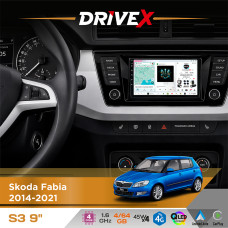 Штатна магнітола для Skoda Fabia 2014-2021 DriveX S3 QLED 9" Android 8-ядерний 1.6ГГц 4x64Гб SIM-картка 3G/4G 7388 4x45W ASP TM2313 бездротовий CarPlay та AndroidAuto