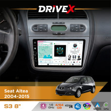 Штатна магнітола для Seat Altea 2004-2015 DriveX S3 QLED 8" з фізичними кнопками Android 8-ядерний 1.6ГГц 4x64Гб SIM-картка 3G/4G 7388 45W ASP TM2313 бездротовий CarPlay та AndroidAuto