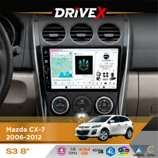 Штатна магнітола для Mazda CX-7 2006-2012 DriveX S3 QLED 8" з фізичними кнопками Android 8-ядерний 1.6ГГц 4x64Гб SIM-картка 3G/4G 7388 45W ASP TM2313 бездротовий CarPlay та AndroidAuto