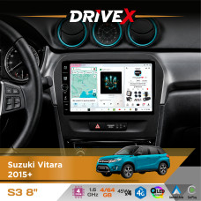 Штатна магнітола для Suzuki Vitara 2015+ DriveX S3 QLED 8" з фізичними кнопками Android 8-ядерний 1.6ГГц 4x64Гб SIM-картка 3G/4G 7388 45W ASP TM2313 бездротовий CarPlay та AndroidAuto