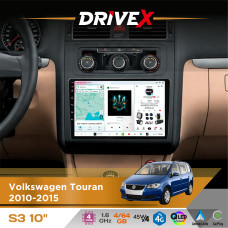 Штатна магнітола для Volkswagen Touran 2010-2015 DriveX S3 QLED 10" Android 8-ядерний 1.6ГГц 4x64Гб SIM-картка 3G/4G 7388 4x45W ASP TM2313 бездротовий CarPlay та AndroidAuto