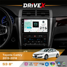 Штатна магнітола для Toyota Aurion 2015-2018 DriveX S3 QLED 8" з фізичними кнопками Android 8-ядерний 1.6ГГц 4x64Гб SIM-картка 3G/4G 7388 45W ASP TM2313 бездротовий CarPlay та AndroidAuto