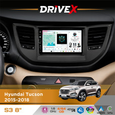 Штатна магнітола для Hyundai Tucson 2015-2018 DriveX S3 QLED 8" з фізичними кнопками Android 8-ядерний 1.6ГГц 4x64Гб SIM-картка 3G/4G 7388 45W ASP TM2313 бездротовий CarPlay та AndroidAuto