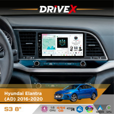 Штатна магнітола для Hyundai Elantra (AD) 2016-2020 DriveX S3 QLED 8" з фізичними кнопками Android 8-ядерний 1.6ГГц 4x64Гб SIM-картка 3G/4G 7388 45W ASP TM2313 бездротовий CarPlay та AndroidAuto