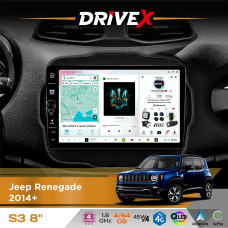Штатна магнітола для Jeep Renegade 2014+ DriveX S3 QLED 8" з фізичними кнопками Android 8-ядерний 1.6ГГц 4x64Гб SIM-картка 3G/4G 7388 45W ASP TM2313 бездротовий CarPlay та AndroidAuto