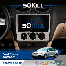 Штатна магнітола для Ford Focus 2005-2011 SoKill DELTA-900 9" Android 4-ядерний 2+64Гб 4x45W бездротовий CarPlay та AndroidAuto