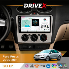 Штатна магнітола для Ford Focus 2005-2011 DriveX S3 QLED 8" з фізичними кнопками Android 8-ядерний 1.6ГГц 4x64Гб SIM-картка 3G/4G 7388 45W ASP TM2313 бездротовий CarPlay та AndroidAuto