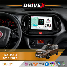 Штатна магнітола для Fiat Doblo 2015-2023 DriveX S3 QLED 8" з фізичними кнопками Android 8-ядерний 1.6ГГц 4x64Гб SIM-картка 3G/4G 7388 45W ASP TM2313 бездротовий CarPlay та AndroidAuto