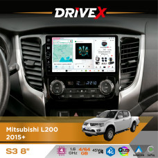 Штатна магнітола для Mitsubishi L200 2015+ DriveX S3 QLED 8" з фізичними кнопками Android 8-ядерний 1.6ГГц 4x64Гб SIM-картка 3G/4G 7388 45W ASP TM2313 бездротовий CarPlay та AndroidAuto