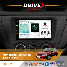 Штатна магнітола для Mitsubishi Lancer IX 2000-2010 DriveX S3 QLED 8" з фізичними кнопками Android 8-ядерний 1.6ГГц 4x64Гб SIM-картка 3G/4G 7388 45W ASP TM2313 бездротовий CarPlay та AndroidAuto