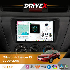 Штатна магнітола для Mitsubishi Lancer IX 2000-2010 DriveX S3 QLED 9" Android 8-ядерний 1.6ГГц 4x64Гб SIM-картка 3G/4G 7388 4x45W ASP TM2313 бездротовий CarPlay та AndroidAuto