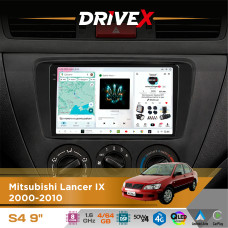 Штатна магнітола для Mitsubishi Lancer IX 2000-2010 DriveX S4 QLED 9" Android 8-ядерний 1.6ГГц 4x64Гб SIM-картка 3G/4G TDA7851 4x50W DSP AK7604 бездротовий CarPlay та AndroidAuto