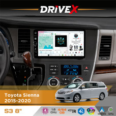 Штатна магнітола для Toyota Sienna 2015-2020 DriveX S3 QLED 8" з фізичними кнопками Android 8-ядерний 1.6ГГц 4x64Гб SIM-картка 3G/4G 7388 45W ASP TM2313 бездротовий CarPlay та AndroidAuto