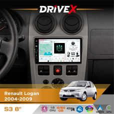 Штатна магнітола для Dacia Logan 2004-2008 DriveX S3 QLED 8" з фізичними кнопками Android 8-ядерний 1.6ГГц 4x64Гб SIM-картка 3G/4G 7388 45W ASP TM2313 бездротовий CarPlay та AndroidAuto