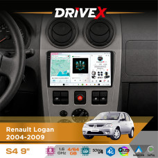 Штатна магнітола для Renault Logan 2004-2009 DriveX S4 QLED 9" Android 8-ядерний 1.6ГГц 4x64Гб SIM-картка 3G/4G TDA7851 4x50W DSP AK7604 бездротовий CarPlay та AndroidAuto