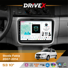 Штатна магнітола для Skoda Fabia 2007-2014 DriveX S3 QLED 10" Android 8-ядерний 1.6ГГц 4x64Гб SIM-картка 3G/4G 7388 4x45W ASP TM2313 бездротовий CarPlay та AndroidAuto