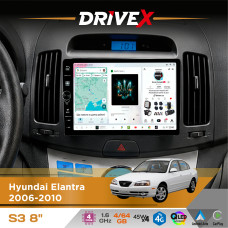 Штатна магнітола для Hyundai Avante 2006-2010 DriveX S3 QLED 8" з фізичними кнопками Android 8-ядерний 1.6ГГц 4x64Гб SIM-картка 3G/4G 7388 45W ASP TM2313 бездротовий CarPlay та AndroidAuto