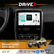 Штатна магнітола для Dacia Logan 2012-2020 DriveX S3 QLED 8" з фізичними кнопками Android 8-ядерний 1.6ГГц 4x64Гб SIM-картка 3G/4G 7388 45W ASP TM2313 бездротовий CarPlay та AndroidAuto