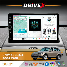 Штатна магнітола для BMW X3 (E83) 2004-2010 DriveX S3 QLED 8" з фізичними кнопками Android 8-ядерний 1.6ГГц 4x64Гб SIM-картка 3G/4G 7388 45W ASP TM2313 бездротовий CarPlay та AndroidAuto