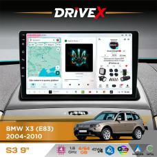 Штатна магнітола для BMW X3 (E83) 2004-2010 DriveX S3 QLED 9" Android 8-ядерний 1.6ГГц 4x64Гб SIM-картка 3G/4G 7388 4x45W ASP TM2313 бездротовий CarPlay та AndroidAuto
