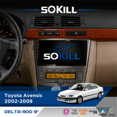 Штатна магнітола для Toyota Avensis 2002-2008 SoKill DELTA-900 9" Android 4-ядерний 2+64Гб 4x45W бездротовий CarPlay та AndroidAuto