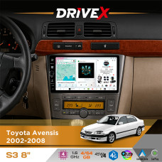 Штатна магнітола для Toyota Avensis 2002-2008 DriveX S3 QLED 8" з фізичними кнопками Android 8-ядерний 1.6ГГц 4x64Гб SIM-картка 3G/4G 7388 45W ASP TM2313 бездротовий CarPlay та AndroidAuto