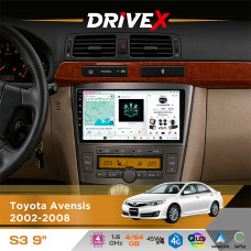 Штатна магнітола для Toyota Avensis 2002-2008 DriveX S3 QLED 9" Android 8-ядерний 1.6ГГц 4x64Гб SIM-картка 3G/4G 7388 4x45W ASP TM2313 бездротовий CarPlay та AndroidAuto