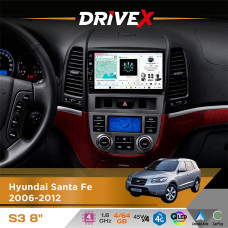 Штатна магнітола для Hyundai Santa Fe 2006-2012 DriveX S3 QLED 8" з фізичними кнопками Android 8-ядерний 1.6ГГц 4x64Гб SIM-картка 3G/4G 7388 45W ASP TM2313 бездротовий CarPlay та AndroidAuto