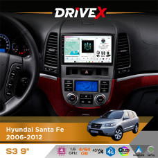 Штатна магнітола для Hyundai Santa Fe 2006-2012 DriveX S3 QLED 9" Android 8-ядерний 1.6ГГц 4x64Гб SIM-картка 3G/4G 7388 4x45W ASP TM2313 бездротовий CarPlay та AndroidAuto
