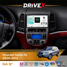 Штатна магнітола для Hyundai Santa Fe 2006-2012 DriveX S4 QLED 9" Android 8-ядерний 1.6ГГц 4x64Гб SIM-картка 3G/4G TDA7851 4x50W DSP AK7604 бездротовий CarPlay та AndroidAuto