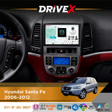 Штатна магнітола для Hyundai Santa Fe 2006-2012 DriveX S7+ 2K QLED 9" Android 8-ядерний 2.7ГГц 8x128Гб SIM-картка 3G/4G AK7808 AB 4x50W 360° DSP AK7739 VELVET бездротовий CarPlay та AndroidAuto