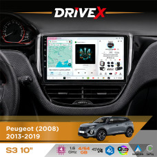 Штатна магнітола для Peugeot 2008 2013-2019 DriveX S3 QLED 10" Android 8-ядерний 1.6ГГц 4x64Гб SIM-картка 3G/4G 7388 4x45W ASP TM2313 бездротовий CarPlay та AndroidAuto