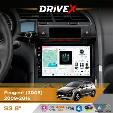 Штатна магнітола для Peugeot 5008 2009-2016 DriveX S3 QLED 8" з фізичними кнопками Android 8-ядерний 1.6ГГц 4x64Гб SIM-картка 3G/4G 7388 45W ASP TM2313 бездротовий CarPlay та AndroidAuto