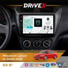 Штатна магнітола для Mitsubishi Lancer IX 2000-2010 DriveX S3 QLED 8" з фізичними кнопками Android 8-ядерний 1.6ГГц 4x64Гб SIM-картка 3G/4G 7388 45W ASP TM2313 бездротовий CarPlay та AndroidAuto