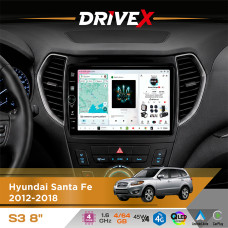 Штатна магнітола для Hyundai IX-45 2012-2019 DriveX S3 QLED 8" з фізичними кнопками Android 8-ядерний 1.6ГГц 4x64Гб SIM-картка 3G/4G 7388 45W ASP TM2313 бездротовий CarPlay та AndroidAuto