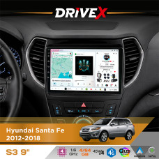 Штатна магнітола для Hyundai Santa Fe 2012-2018 DriveX S3 QLED 9" Android 8-ядерний 1.6ГГц 4x64Гб SIM-картка 3G/4G 7388 4x45W ASP TM2313 бездротовий CarPlay та AndroidAuto