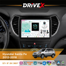 Штатна магнітола для Hyundai Santa Fe 2012-2018 DriveX S7+ 2K QLED 9" Android 8-ядерний 2.7ГГц 8x128Гб SIM-картка 3G/4G AK7808 AB 4x50W 360° DSP AK7739 VELVET бездротовий CarPlay та AndroidAuto