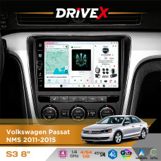 Штатна магнітола для Volkswagen Passat NMS 2011-2015 DriveX S3 QLED 8" з фізичними кнопками Android 8-ядерний 1.6ГГц 4x64Гб SIM-картка 3G/4G 7388 45W ASP TM2313 бездротовий CarPlay та AndroidAuto