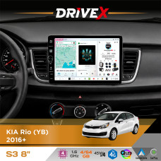 Штатна магнітола для KIA Rio (YB) 2016+ DriveX S3 QLED 8" з фізичними кнопками Android 8-ядерний 1.6ГГц 4x64Гб SIM-картка 3G/4G 7388 45W ASP TM2313 бездротовий CarPlay та AndroidAuto