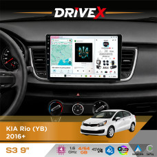 Штатна магнітола для KIA Rio (YB) 2016+ DriveX S3 QLED 9" Android 8-ядерний 1.6ГГц 4x64Гб SIM-картка 3G/4G 7388 4x45W ASP TM2313 бездротовий CarPlay та AndroidAuto