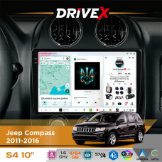 Штатна магнітола для Jeep Compass 2011-2016 DriveX S4 QLED 10" Android 8-ядерний 1.6ГГц 4x64Гб SIM-картка 3G/4G TDA7851 4x50W DSP AK7604 бездротовий CarPlay та AndroidAuto