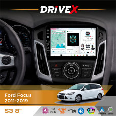 Штатна магнітола для Ford Focus 2011-2019 DriveX S3 QLED 8" з фізичними кнопками Android 8-ядерний 1.6ГГц 4x64Гб SIM-картка 3G/4G 7388 45W ASP TM2313 бездротовий CarPlay та AndroidAuto