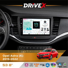 Штатна магнітола для Opel Astra (K) 2015-2022 DriveX S3 QLED 8" з фізичними кнопками Android 8-ядерний 1.6ГГц 4x64Гб SIM-картка 3G/4G 7388 45W ASP TM2313 бездротовий CarPlay та AndroidAuto